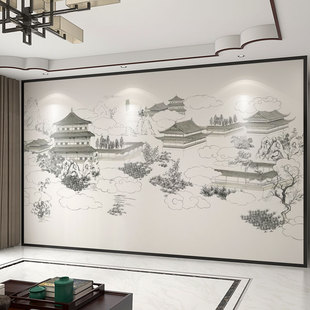 墙纸定制3d中式 复古祥云阁楼电视背景墙壁纸客厅壁布卧室墙布壁画