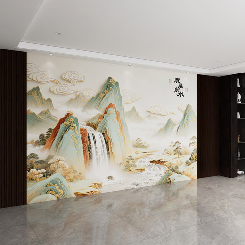 8d中式山水背景墙壁布全国上门贴