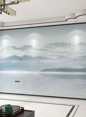 新中式3d立体蓝色水墨山水画电视背景墙壁纸客厅壁布装饰墙布壁画