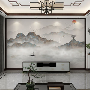 墙纸3d立体中式水墨山水电视背景墙壁纸客厅装饰壁布定制壁画墙布
