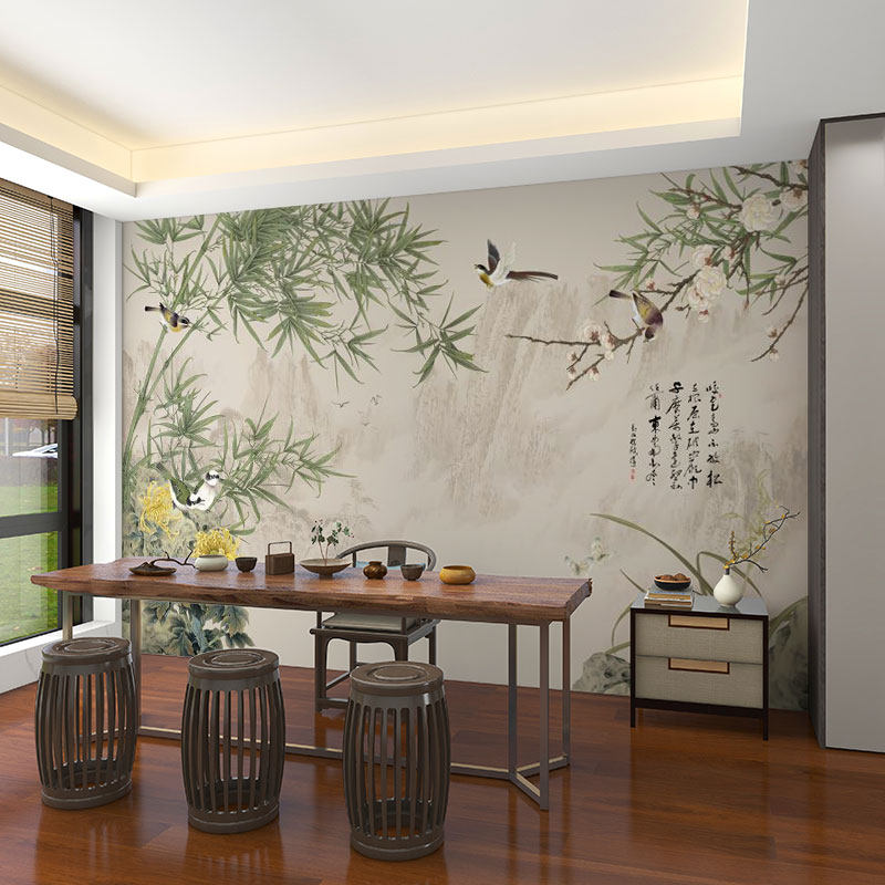 壁画墙纸3d立体中式梅兰竹菊电视背景墙壁纸客厅壁布装饰墙纸墙布