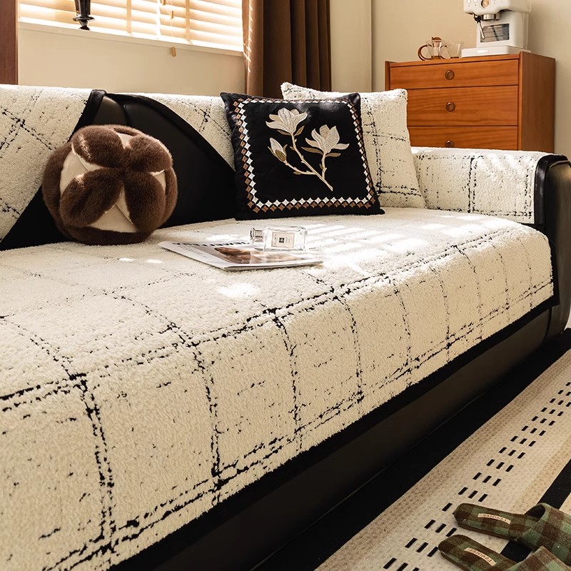 复古高级感沙发垫四季通用防滑毛绒中古风格子坐垫直排皮沙发盖巾