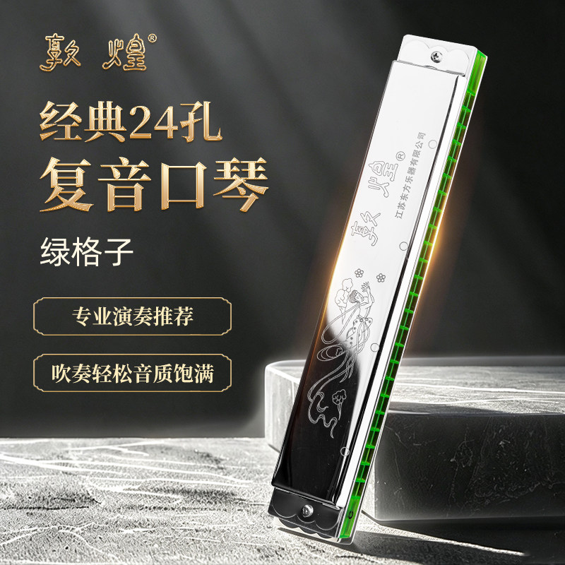 敦煌绿格子24孔复音口琴12调全专业正品初学入门演奏乐器送礼推荐