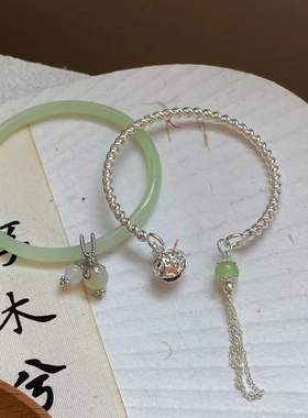 原创绿色银色手镯女小众设计感古风复古高级感手环手链流苏手饰