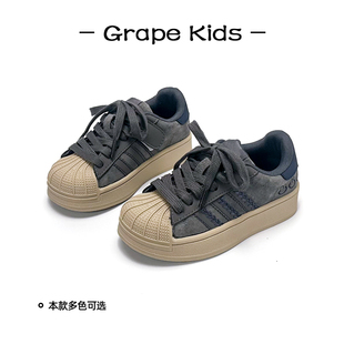 GRAPE 一女童真皮板鞋2024秋冬新款儿童贝壳头运动鞋男童二棉鞋潮