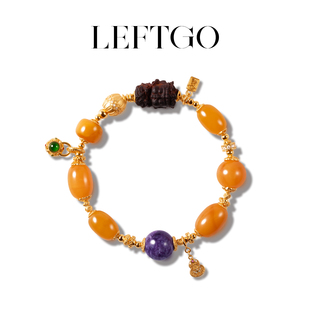 LEFTGO左戈天然俄料老蜜蜡枣珠手链女款 S925银镀金紫龙晶多宝手串