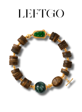 LEFTGO左戈天然沉香手链女绿龙晶翡翠叶子S925银镀18K金隔片手串