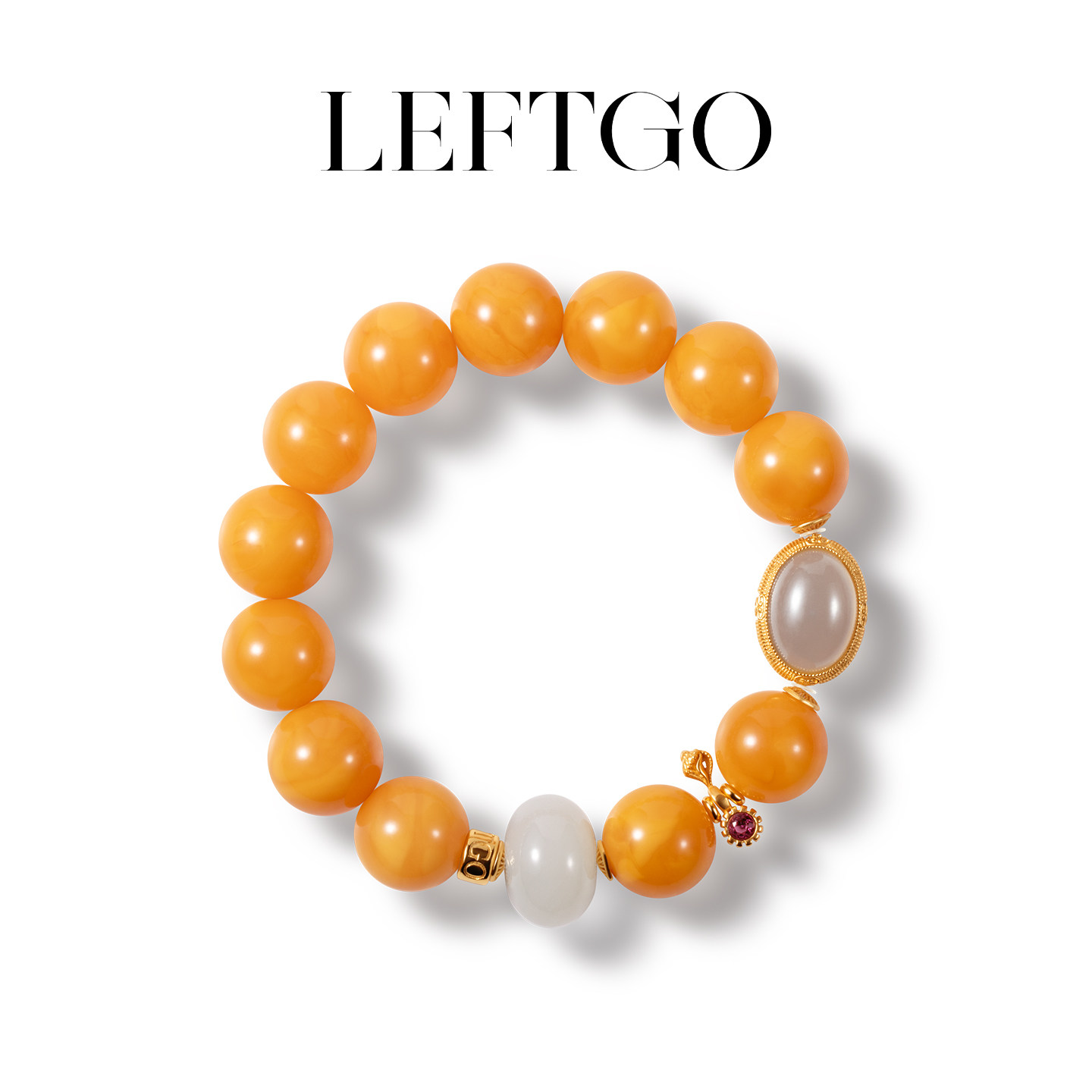 LEFTGO左戈天然老蜜蜡14mm圆珠手串女S925银镀18K金和田白玉手链