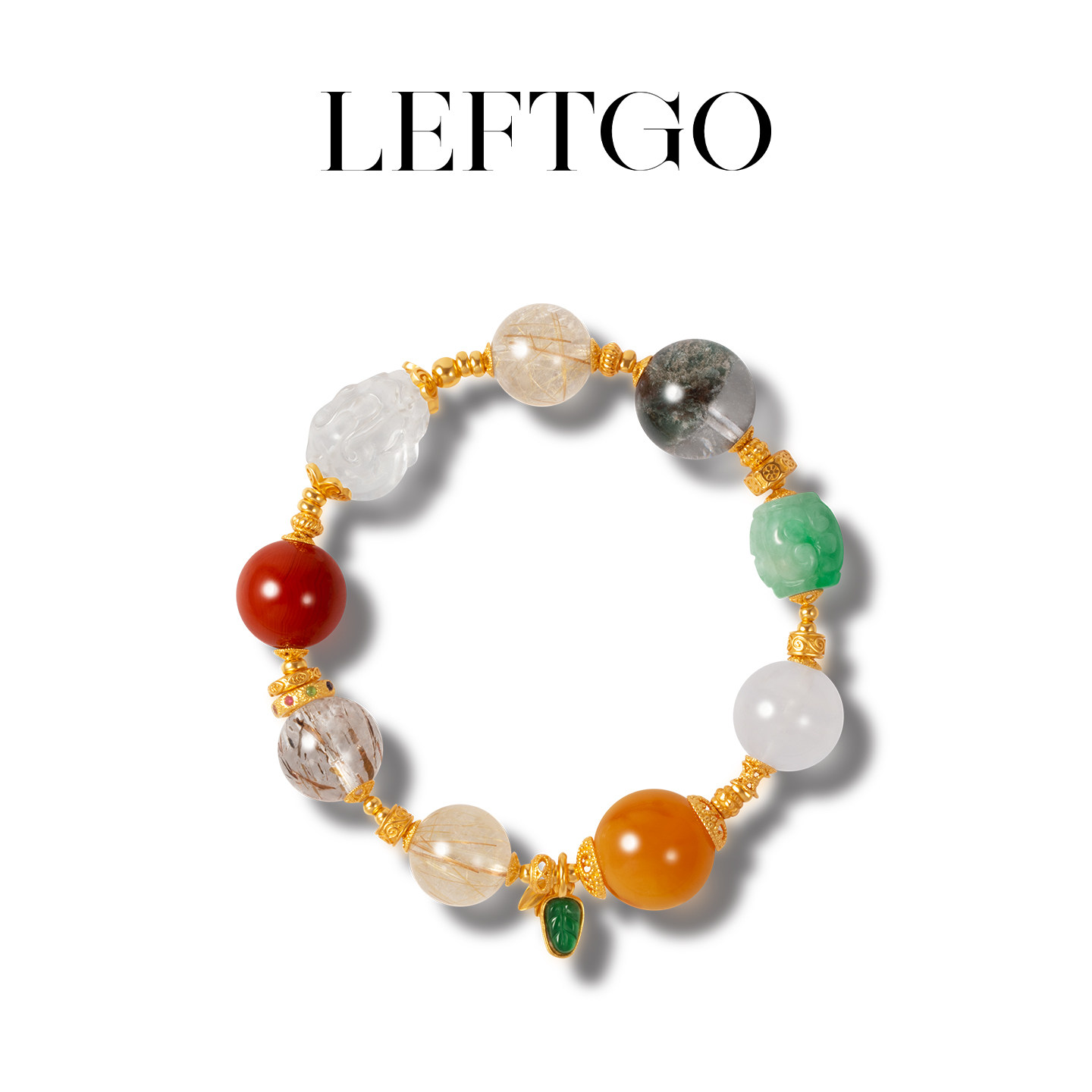 LEFTGO左戈天然老蜜蜡水晶南红金发晶手串女款S925银镀金多宝手链