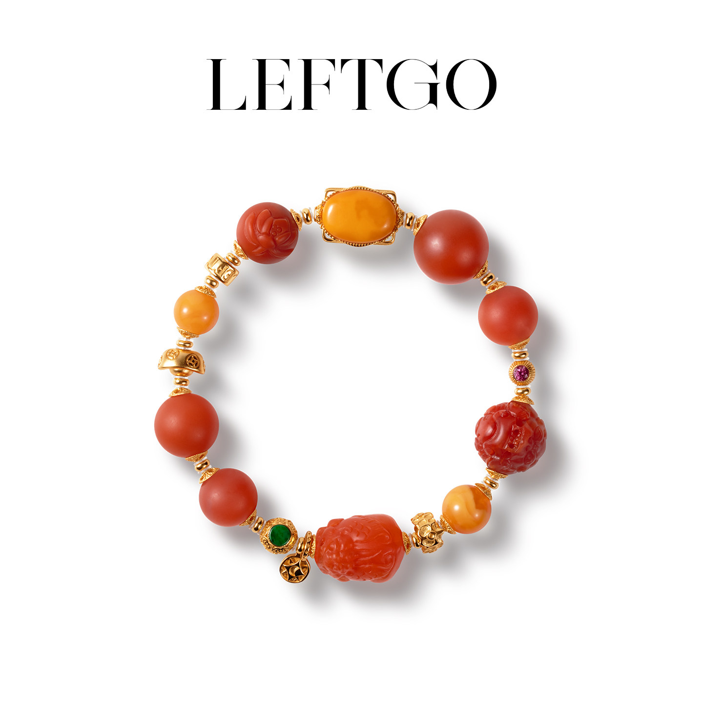 LEFTGO左戈天然南红老蜜蜡翡翠多宝手串女款S925银镀18K金手链
