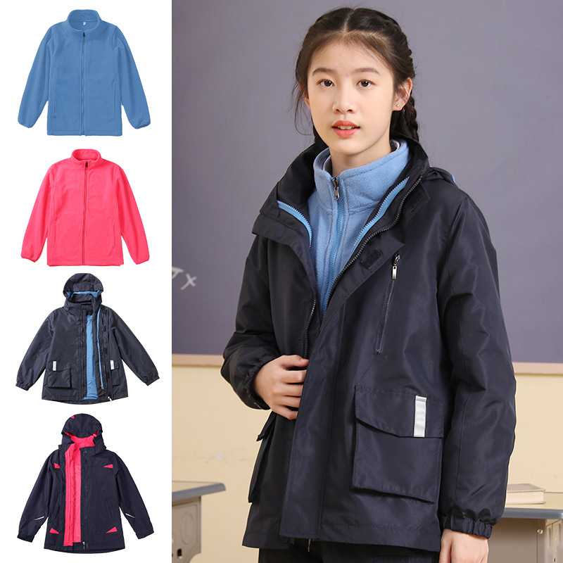 中小学生校服冲锋衣藏蓝玫红儿童男女秋冬三合一防风防雨厂家代发