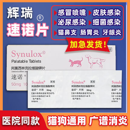 适用辉瑞速诺片猫狗消炎感冒阿莫西林克拉维酸钾片细菌感染消炎片