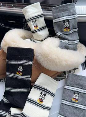 袜子女条纹米奇秋冬堆堆袜日系刺绣米奇韩版ins女袜爆款中筒潮袜