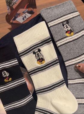 韩国东大门同款袜子米奇刺绣条纹中筒袜女春夏款百搭学院风堆堆袜