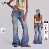 LONDON JADED 水洗做旧褶皱低腰微喇牛仔裤 长裤 25秋 女新品 ENG