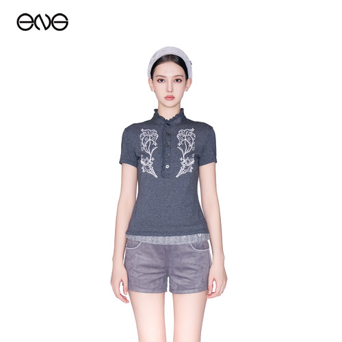 【ENG】Effet de Soleil刺绣宫廷花边领口短袖T恤上衣女新品26秋