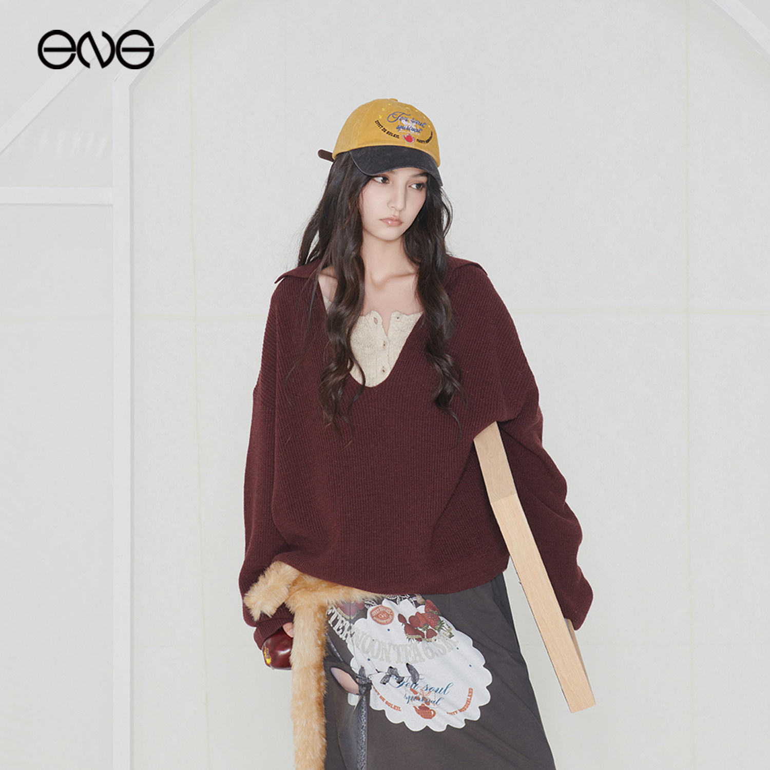 【ENG】Effet de Soleil宽松慵懒V领针织长袖上衣女休闲毛衣新品