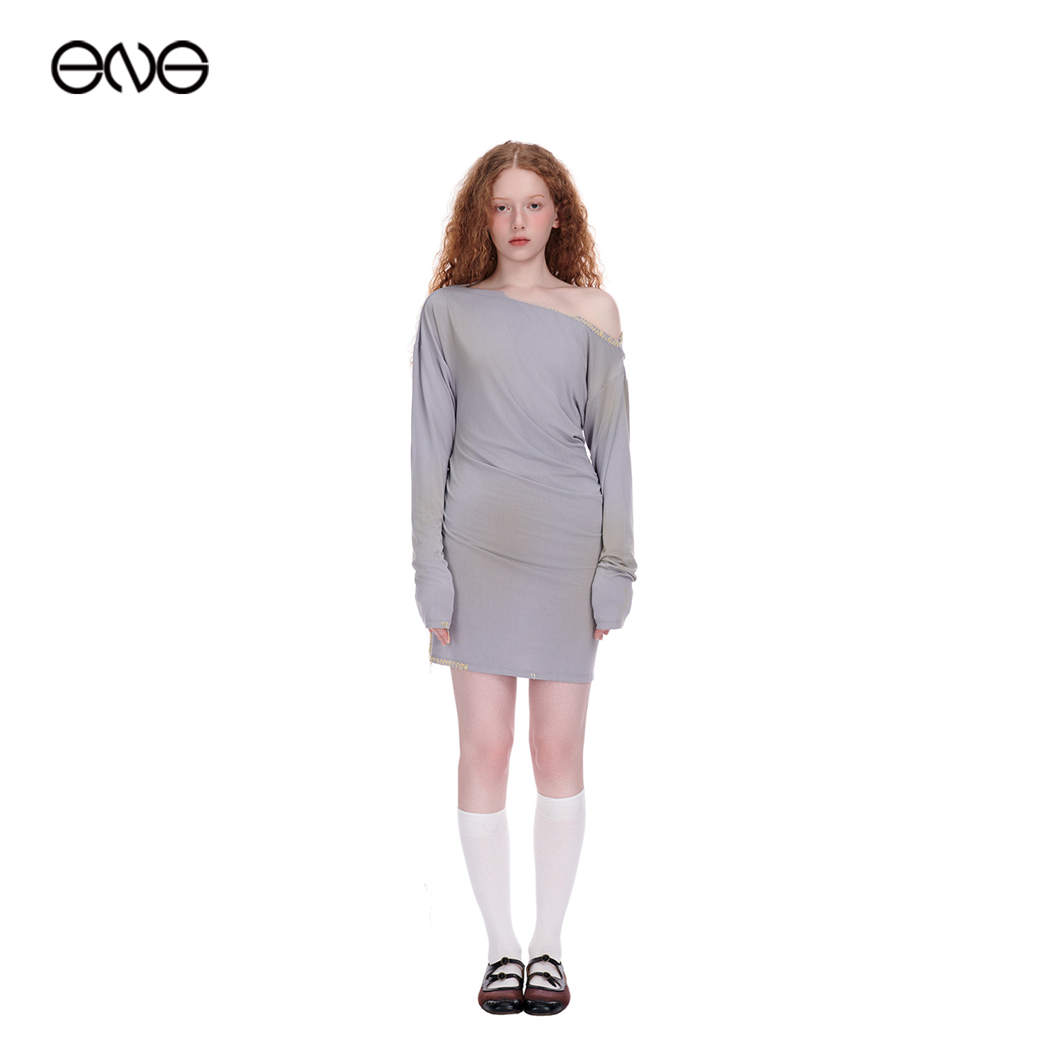 【ENG】Effet de Soleil喷色斜肩连衣裙女修身露肩裙子新品26夏