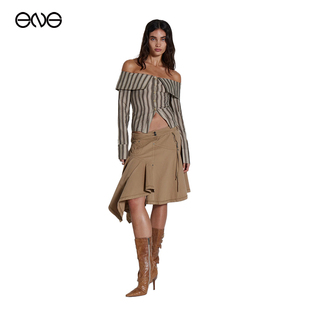 LONDON JADED 个性 翻领露肩一字领条纹长袖 女装 衬衫 ENG