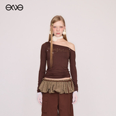 ENG T恤女露肩修身 Effet Soleil烫钻斜肩长袖 上衣新品 26春