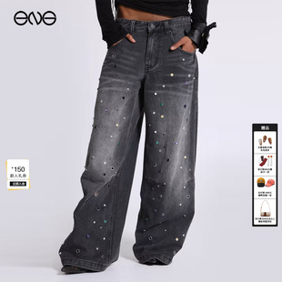 ENG 新品 JADED 男女款 26春 LONDON铆钉水洗黑色低腰宽松牛仔裤