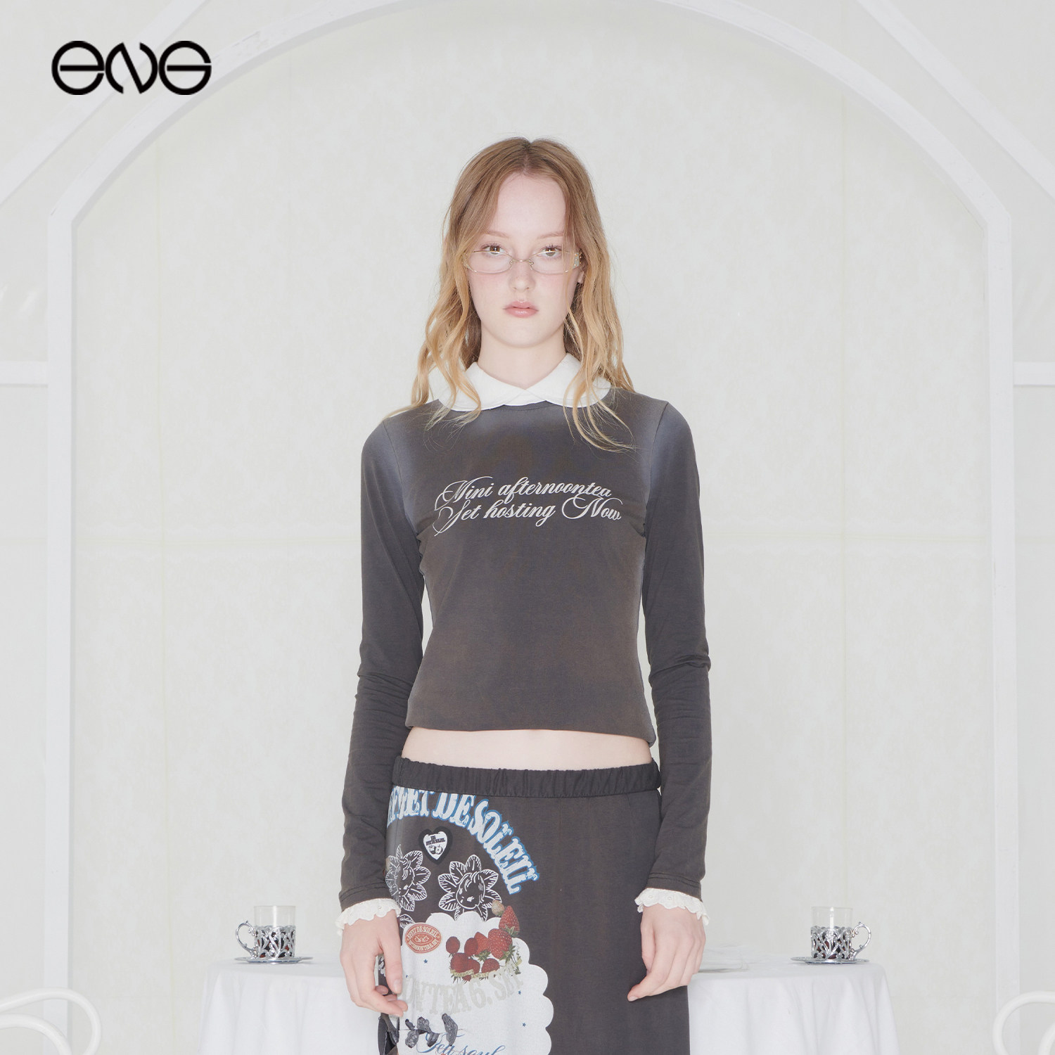 【ENG】Effet de Soleil中古风印花圆领长袖T恤打底上衣女装新品