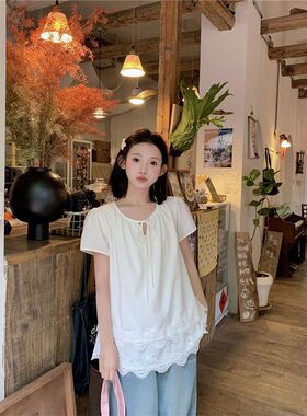 白色V领系带短袖t恤女减龄气质时尚花边拼接上衣夏季法式甜美宽松