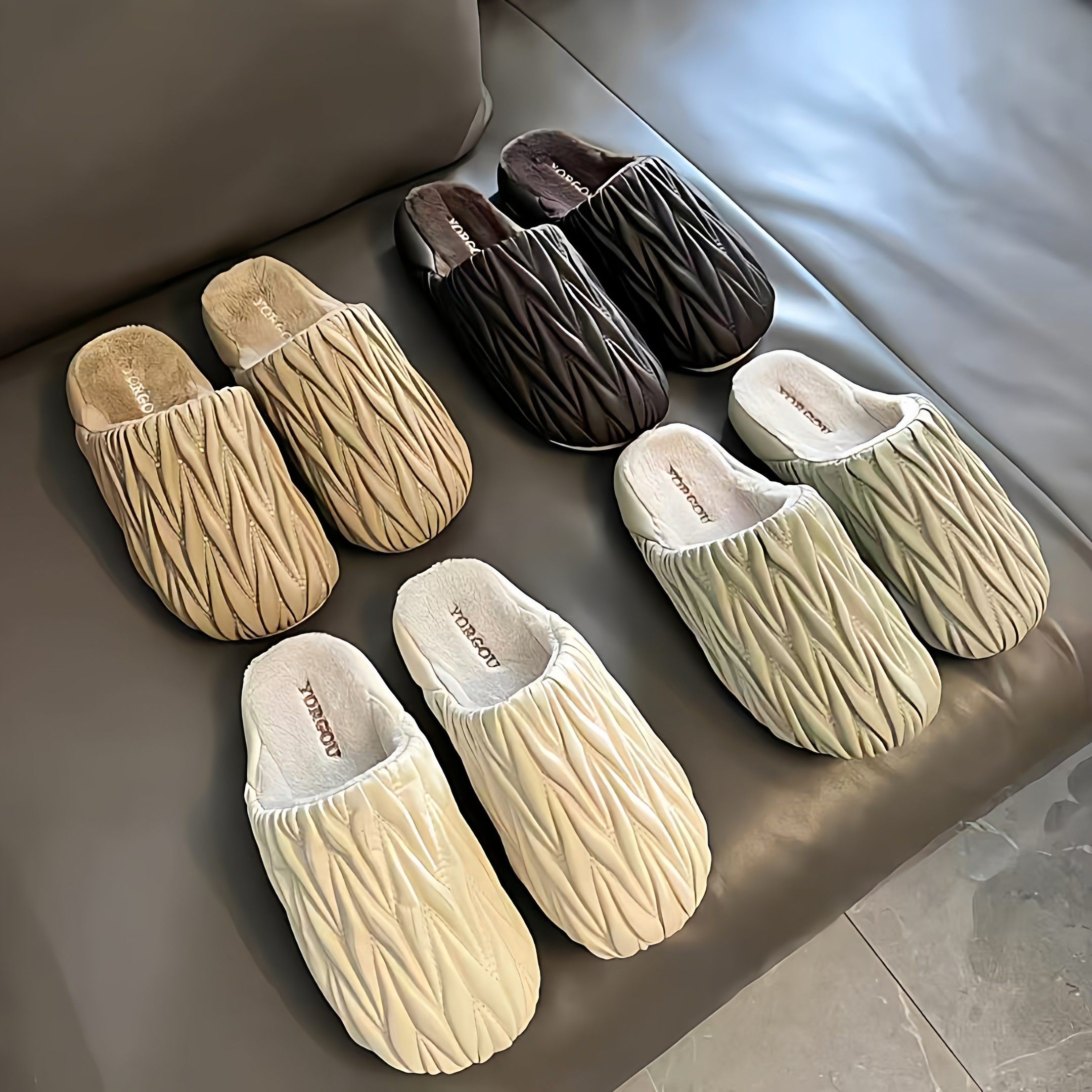 厚底褶皱棉拖鞋纯色秋冬季室内家居防水保暖加绒御寒皮拖可外穿鞋