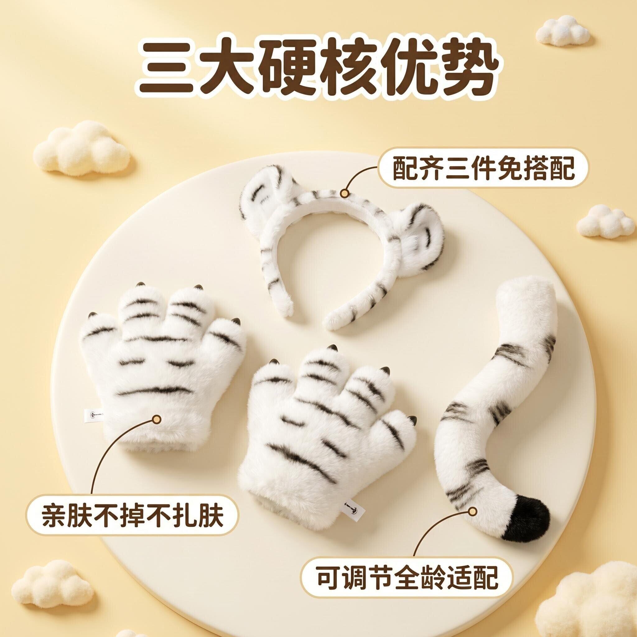 动物爪子手套尾巴头饰手掌发箍动物纪念品毛绒恐龙雪豹互动老虎