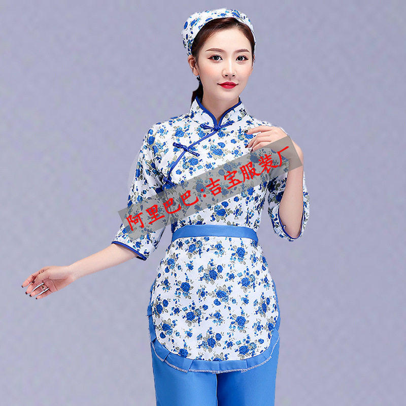 阿庆嫂演出服采茶服女中老年秧歌服舞蹈成人碎花村姑服装茶园服装