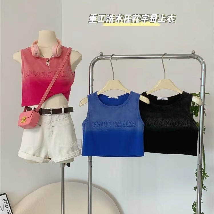 cici美式复古洗水做旧渐变色无袖上衣立体字母扎染辣妹背心潮t恤