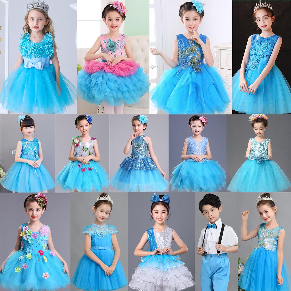 六一儿童演出服幼儿园女童蓬蓬裙舞蹈服蓝色亮片连衣裙男款表演服
