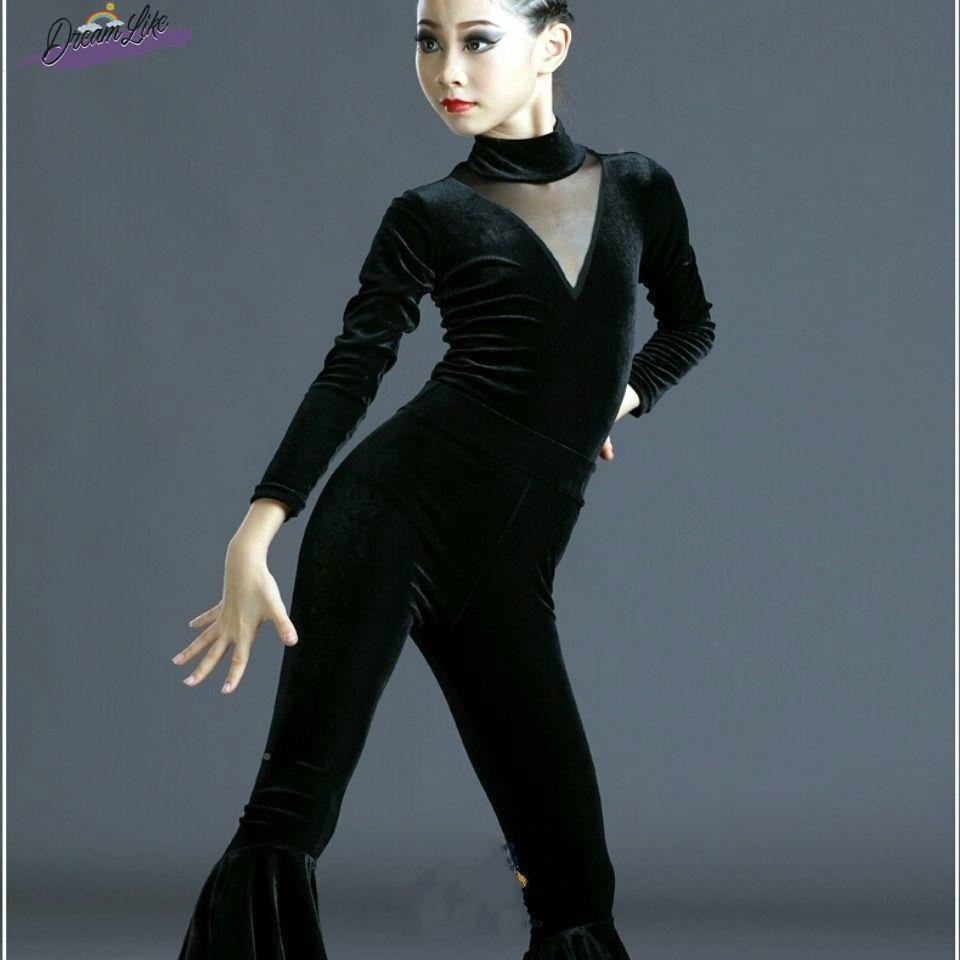 秋冬季新款丝绒网红拉丁舞蹈喇叭裤套装女童黑色长袖上衣练功服裙