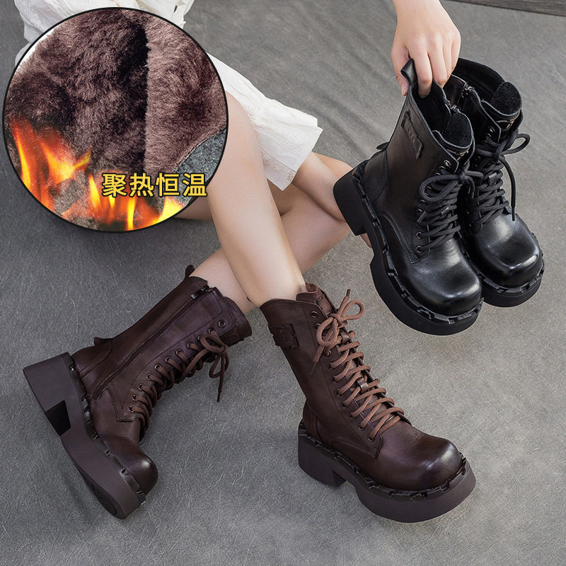 杰骤冬季保暖加绒加厚中筒靴子女款英伦风厚底真皮牛皮复古马丁靴