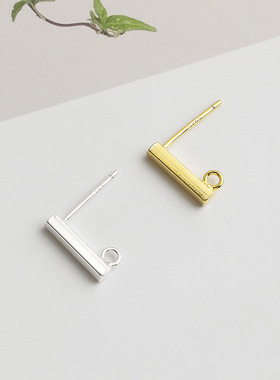 S925纯银精工镀金方条耳钉极简风耳饰DIY耳环耳针可挂银饰品配件