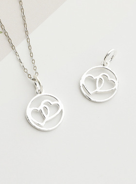 S925纯银心心相印吊坠手工DIY串珠水晶手链项链心形挂件饰品配件