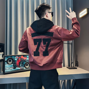 男士 新款 上衣 潮牌痞帅刺绣棒球领夹克秋装 可拆卸连帽外套男春秋季