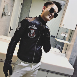 短款痞帅潮流时尚机车pu皮衣社会精神小伙修身炸街翻领百搭外套男