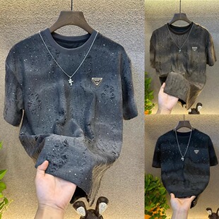 夏季新款短袖男士潮流百搭渐变破洞t恤男满天星轻奢圆领半袖上衣