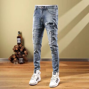 痞帅男款高街浅蓝色牛仔裤男士潮牌弹力拼接补丁贴布破洞小脚裤子