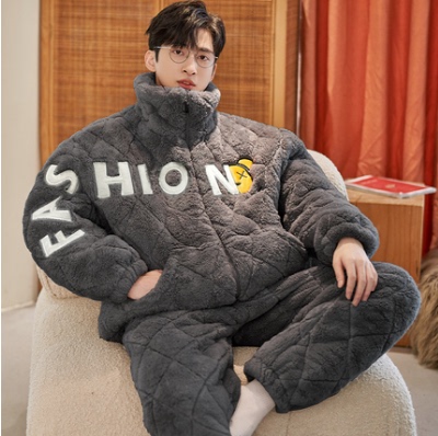 全棉纯棉睡衣男冬季三层夹棉保暖珊瑚绒秋冬款加厚加绒男士家居服