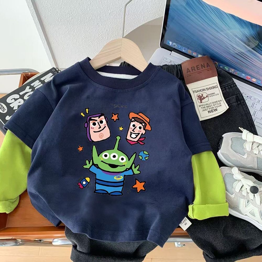 儿童巴斯光年衣服100全棉长袖T恤男童女童外穿上衣帅气假两件秋装