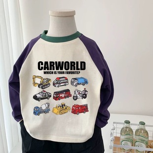 日韩童装男童长袖T恤100%纯棉儿童汽车印花衣服宝宝外出服春秋款