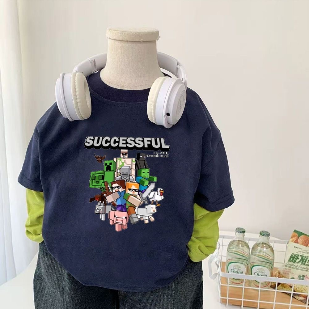 童装我的世界秋季长袖T恤男童纯棉打底衫女孩撞色拼接假两件上衣