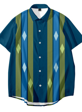 Summer Men Shirt Striped Print Buttons Summer Striped Print