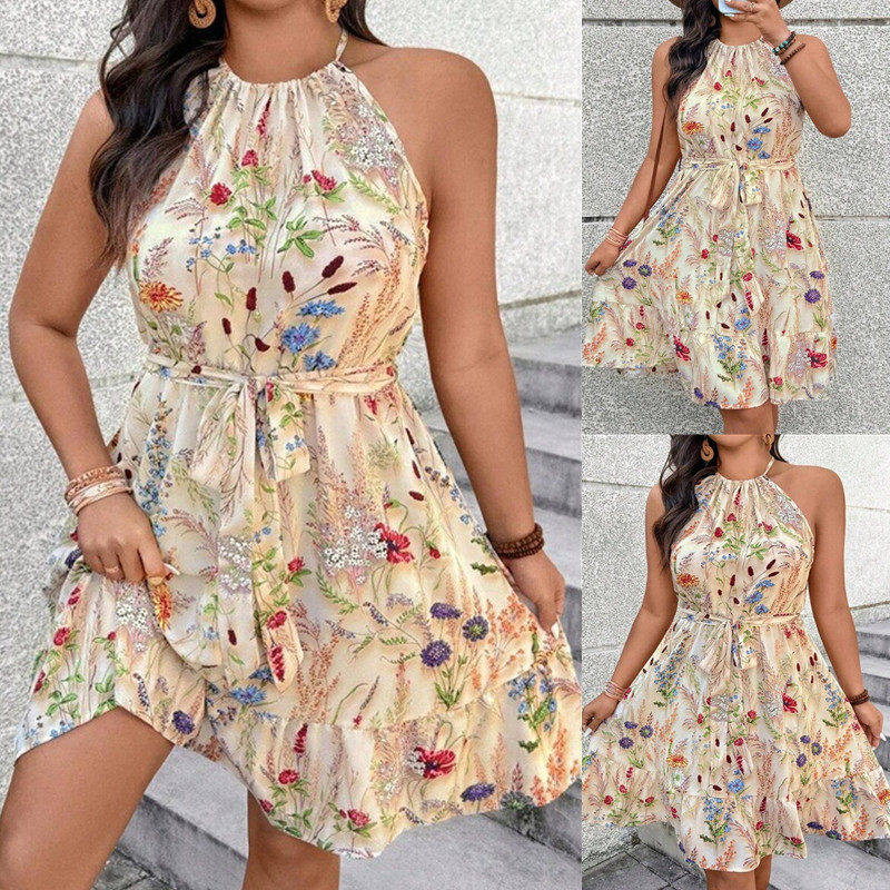 Plus size women dress print ladies夏季大尺码女装挂颈印花洋装