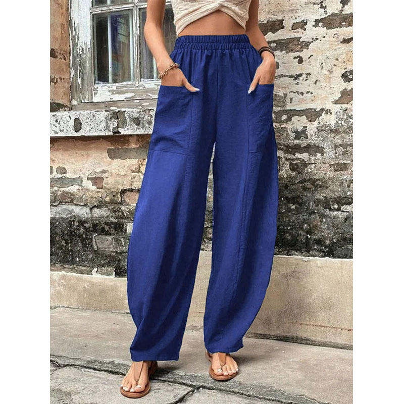 Loose fitting casual pants女装裤纯色口袋宽松休闲裤松紧要长裤