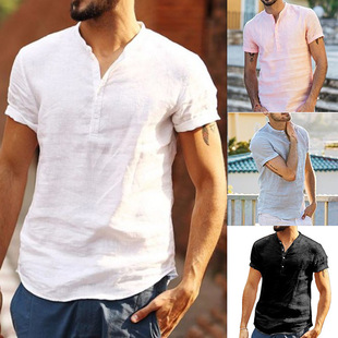 Shirt Men's Short Sleeve Button Breathable Stand Neck Top