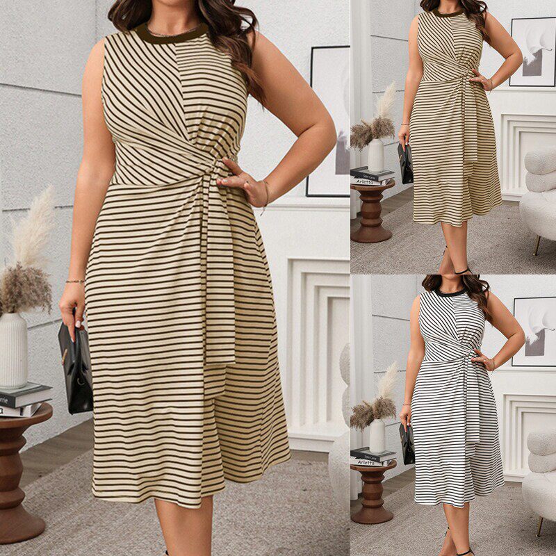 Plus size Elegant temperament striped dress 大码条纹连衣裙女