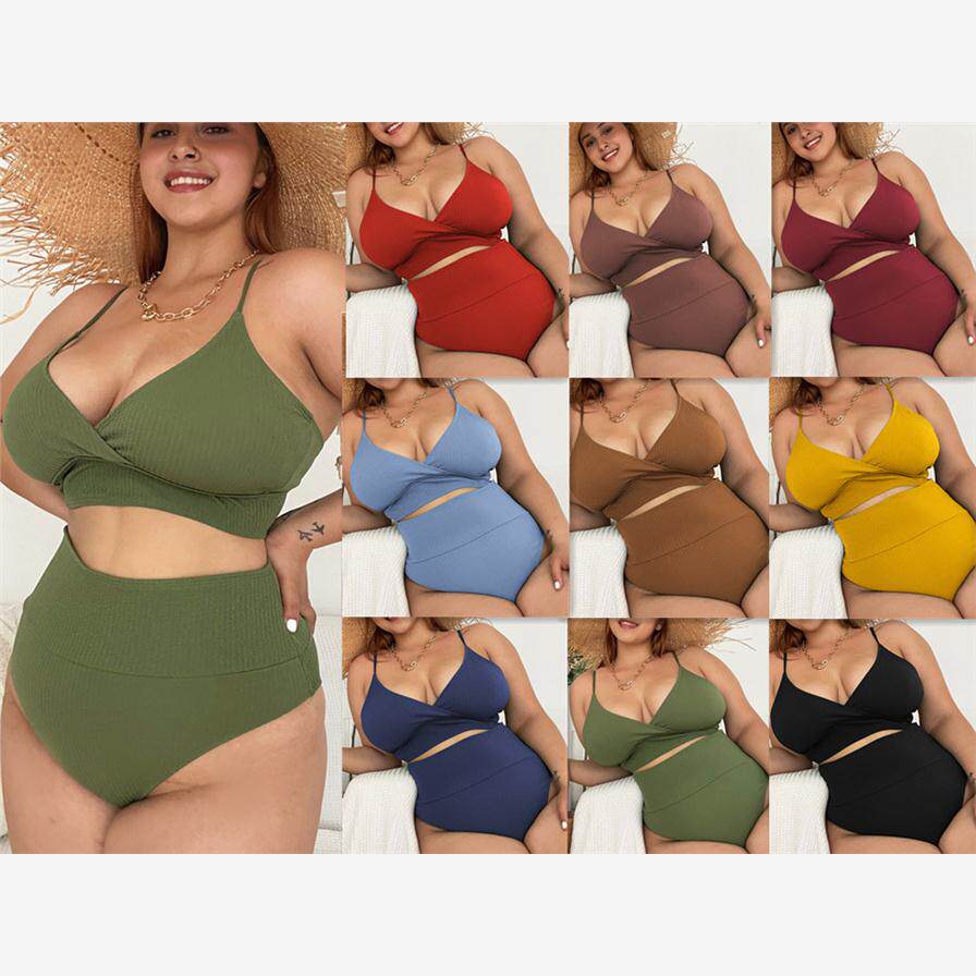 Plus sizes bikini swimsuit欧美女士大码v领绑带高腰比基尼泳衣